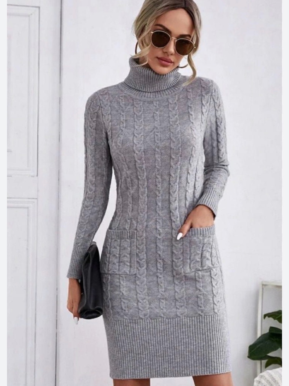 Gray Cable Knit Turtleneck Sweater Dress